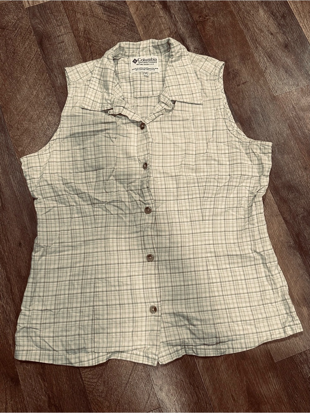 Vintage Columbia Women's Sleeveless Plaid Button-Up Shirt - Light Beige/Green